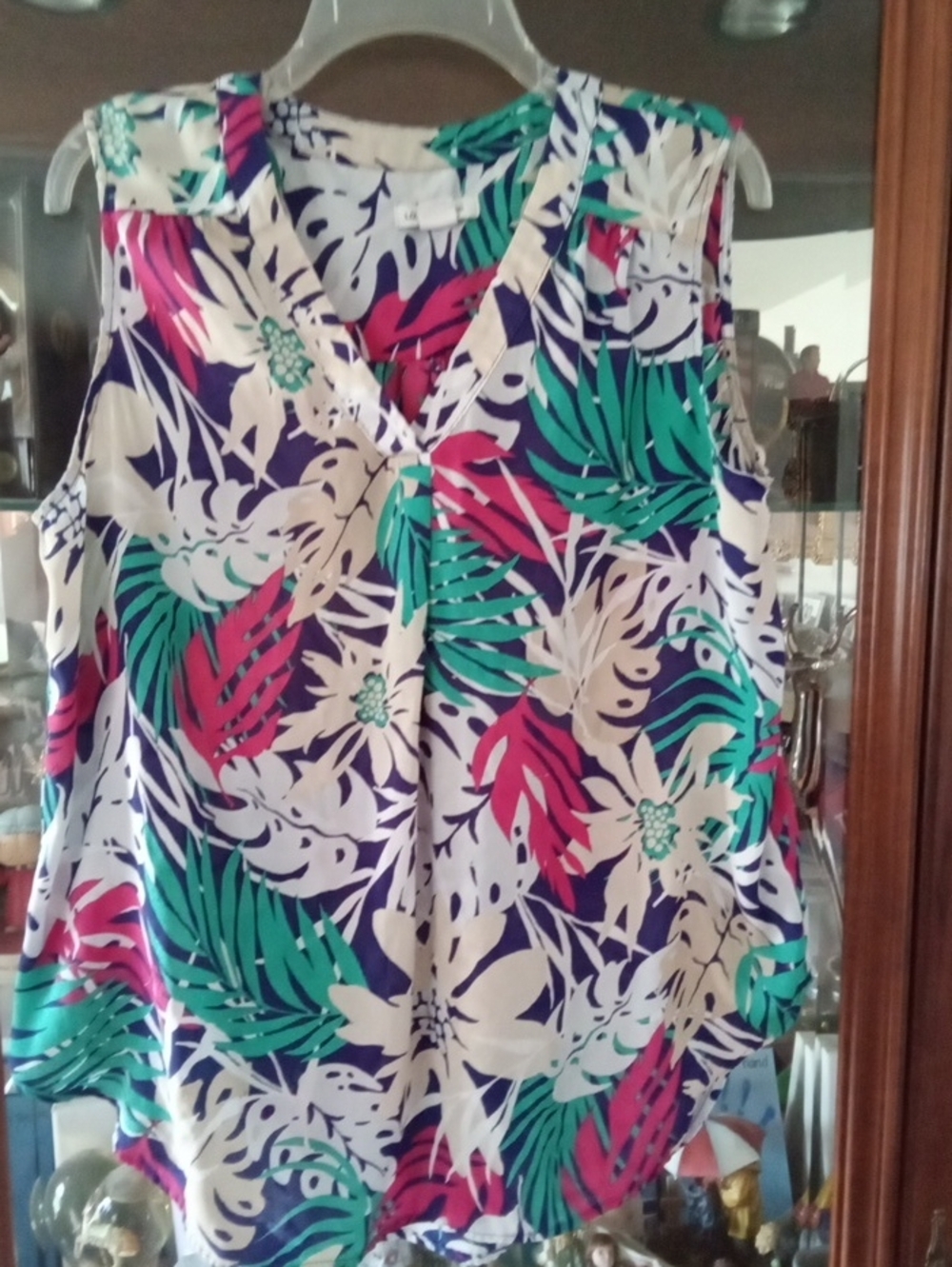 Liz Claiborne Tropical Leaf V-Neck Tank Top - White, Teal, Fuchsia, Navy